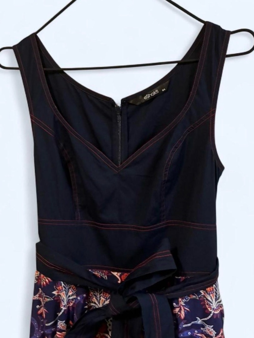 eshakti Navy Floral Tie-Waist Maxi Dress with Red Hem - Picture 3 of 7